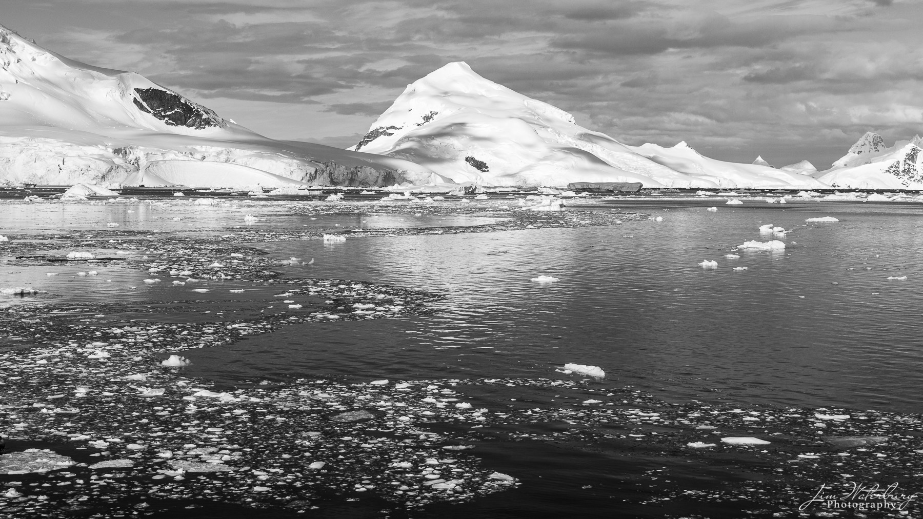 Black & white image of Paradise Harbour, with snow-covered mountains reflected in the surrounding sea, dotted with pieces of...