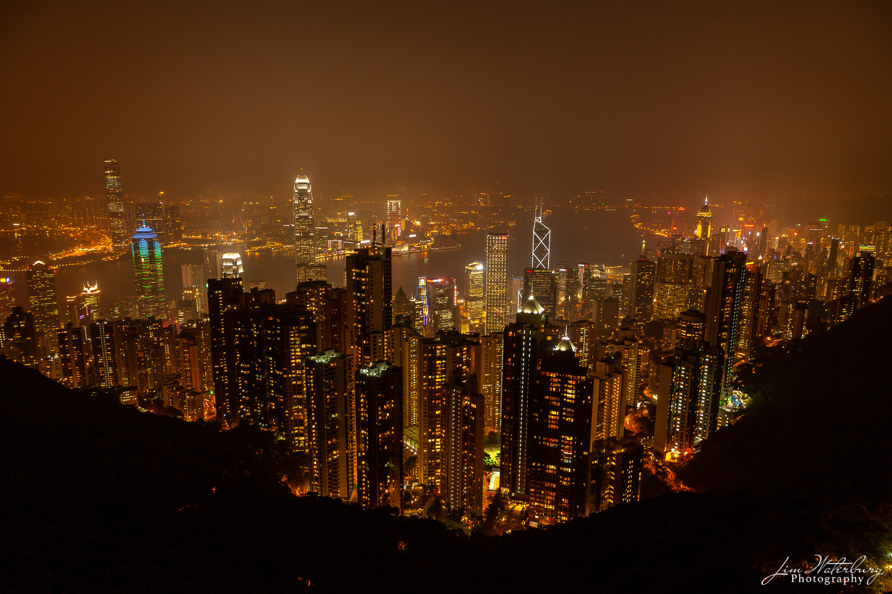 Night view of Hong Kong Island from Victoria Peak just after sunset.