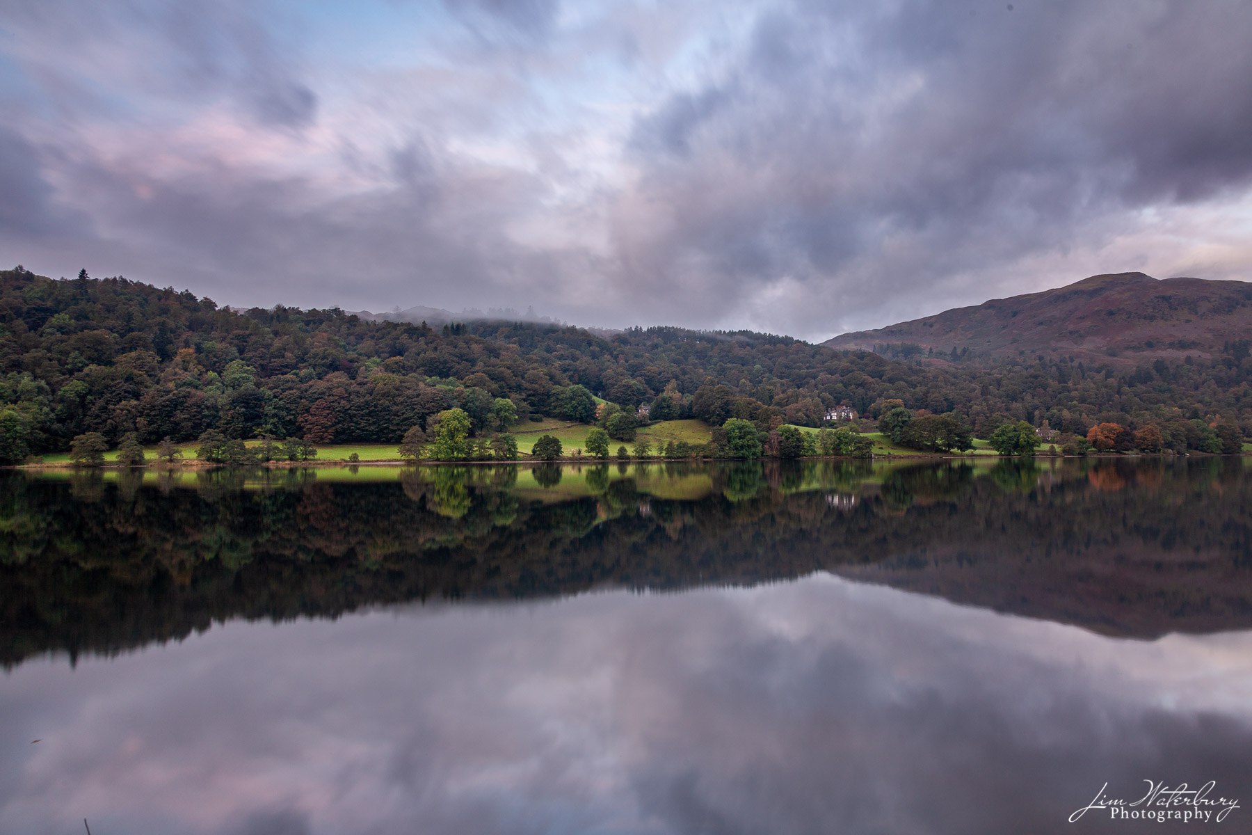 Views of Grasmere Lake, off A591 near Grasmere, Cumbria, UK, at sunrise