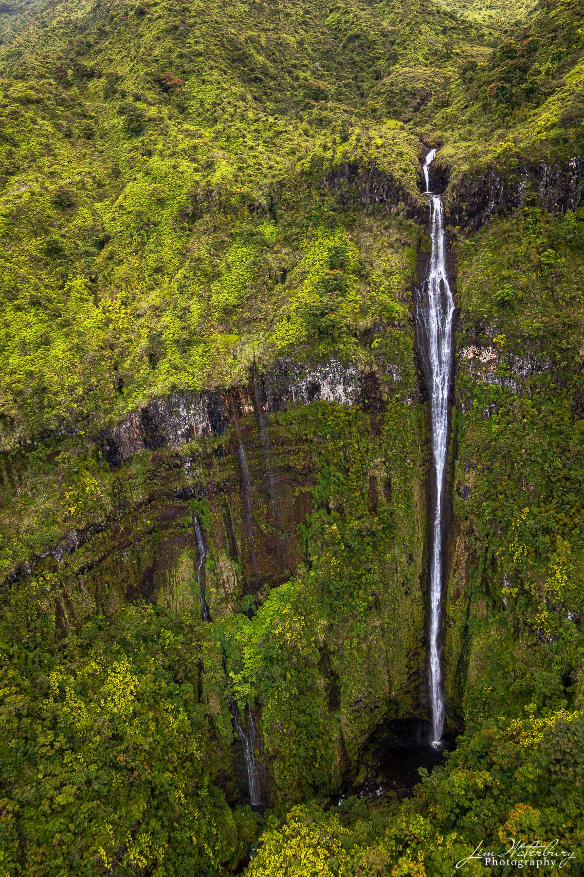 A waterfall in the interior of the island of Maui, Hawaii, photographed from a helicopter.
