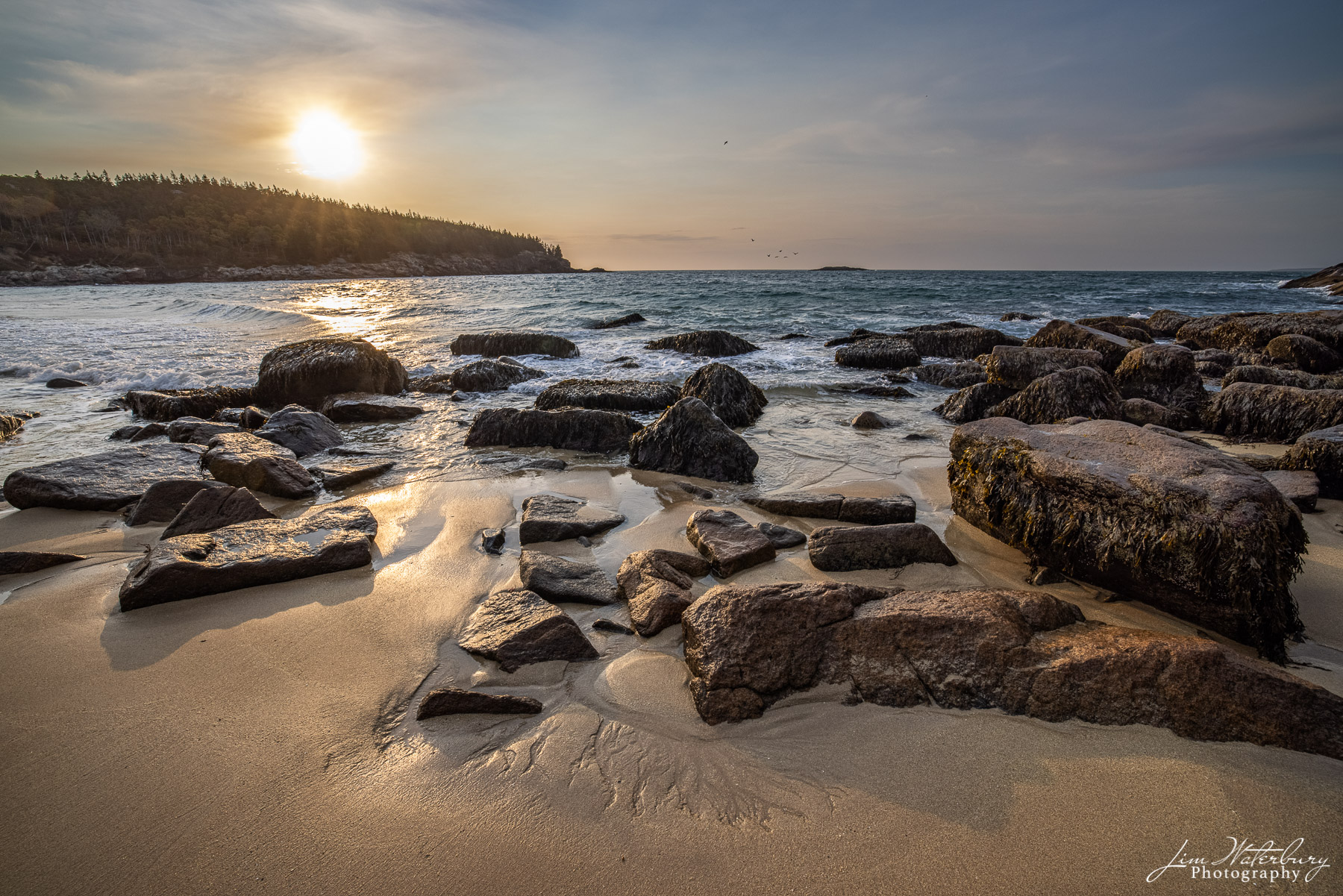 The sun rises on a quiet morning at Sand Beach in Acadia National Park, highlighting delicate fluvial patterns in the sand.