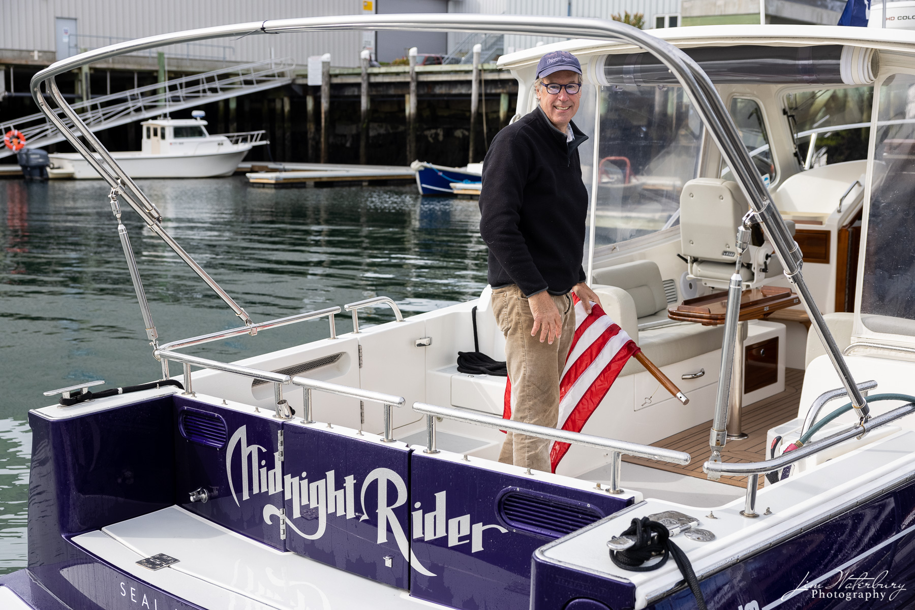 Captain Willis aboard Midnight Rider after delivery to Rockland, Maine