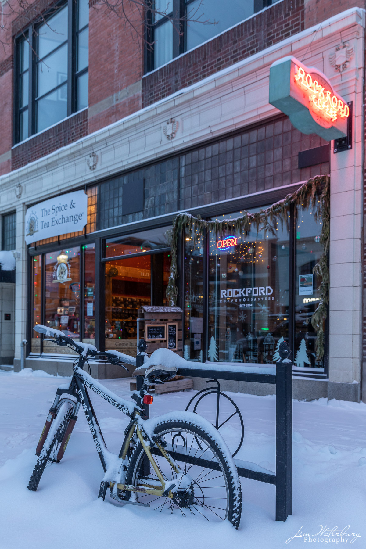 Rockford Coffee & Bicycle Early morning outside the Rockford Coffee shop, after an overnight snowfall in Bozeman.