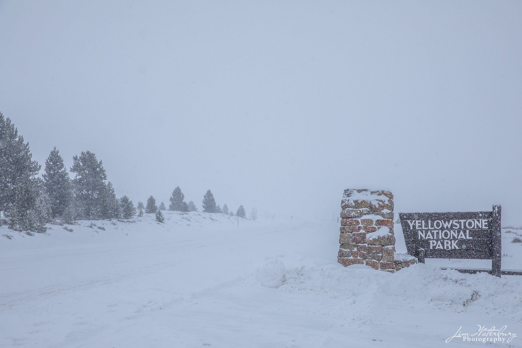 Yellowstone Entrance Sign signaling the entrance to Yellowstone National Park en route from Bozeman, MT, in white-out conditions.