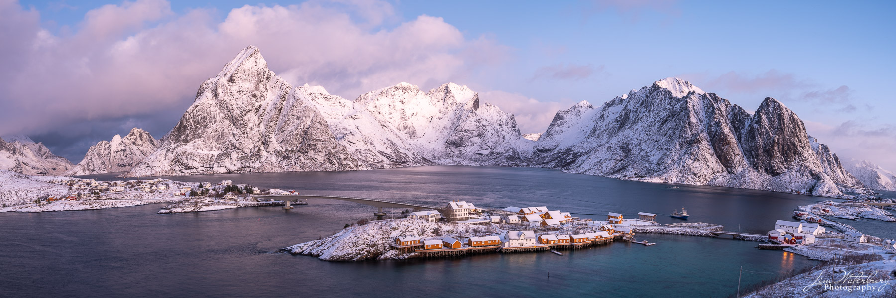 Sakrisoy Sunrise Views from the hilltop overview of Sakirsoy/Reine, et al., in winter, Lofoten, Norway