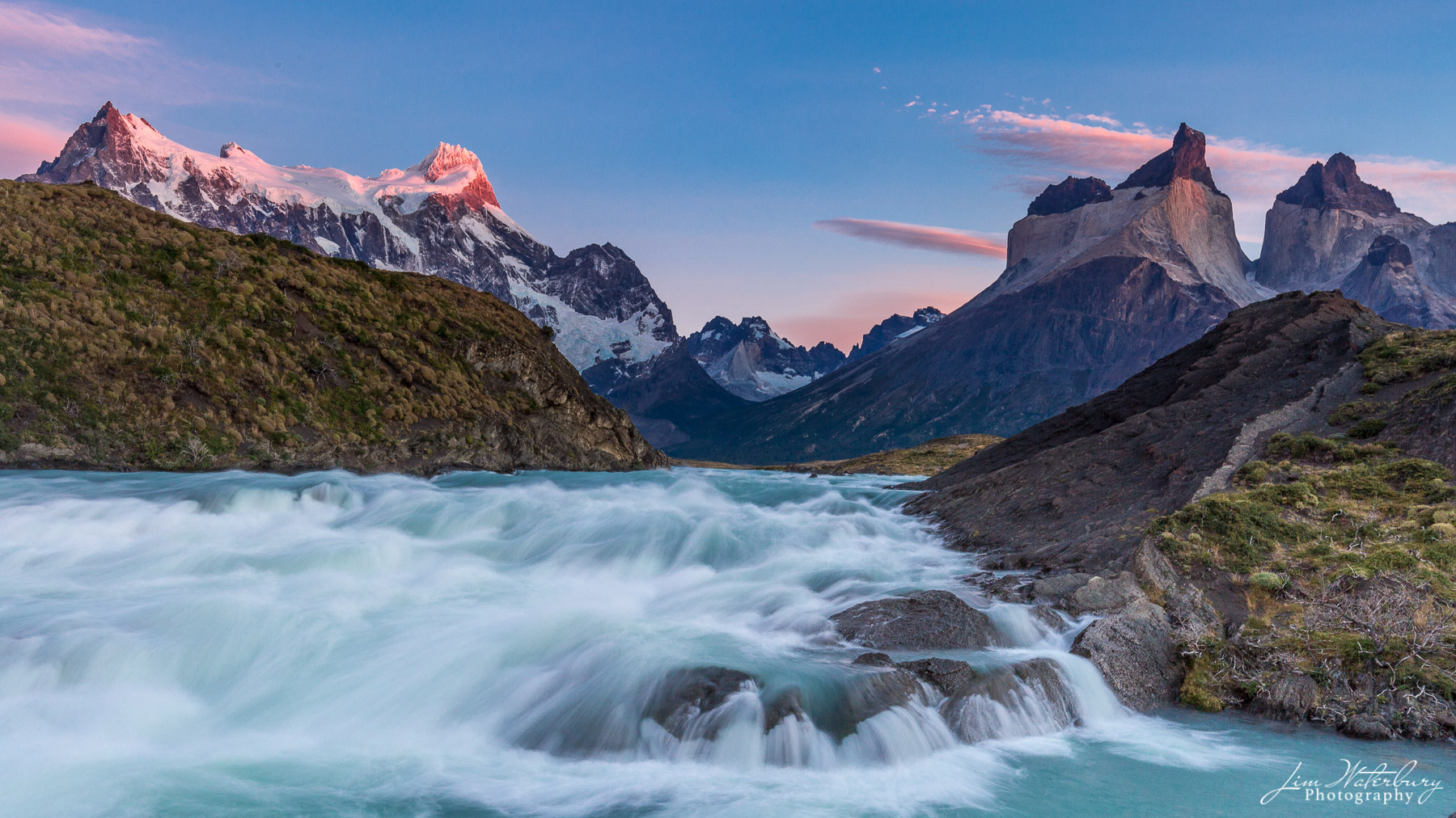 Cuernos Falls Los Cuernos towering above Salto Grande and Lago Nordenskjold, at sunrise, Torres del Paine, Chilean Patagonia.