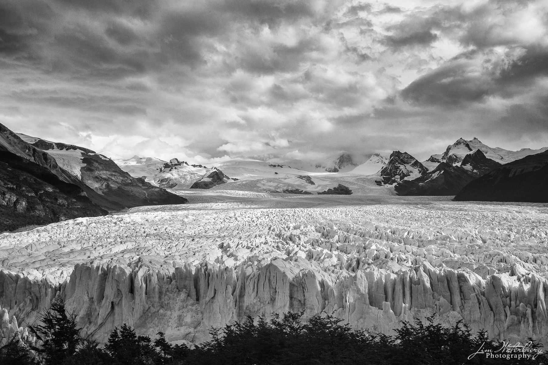Perito Moreno Black & White image looking back from the leading edge of the Perito Moreno Glacier in Los Glaciares National Park in Argentina...