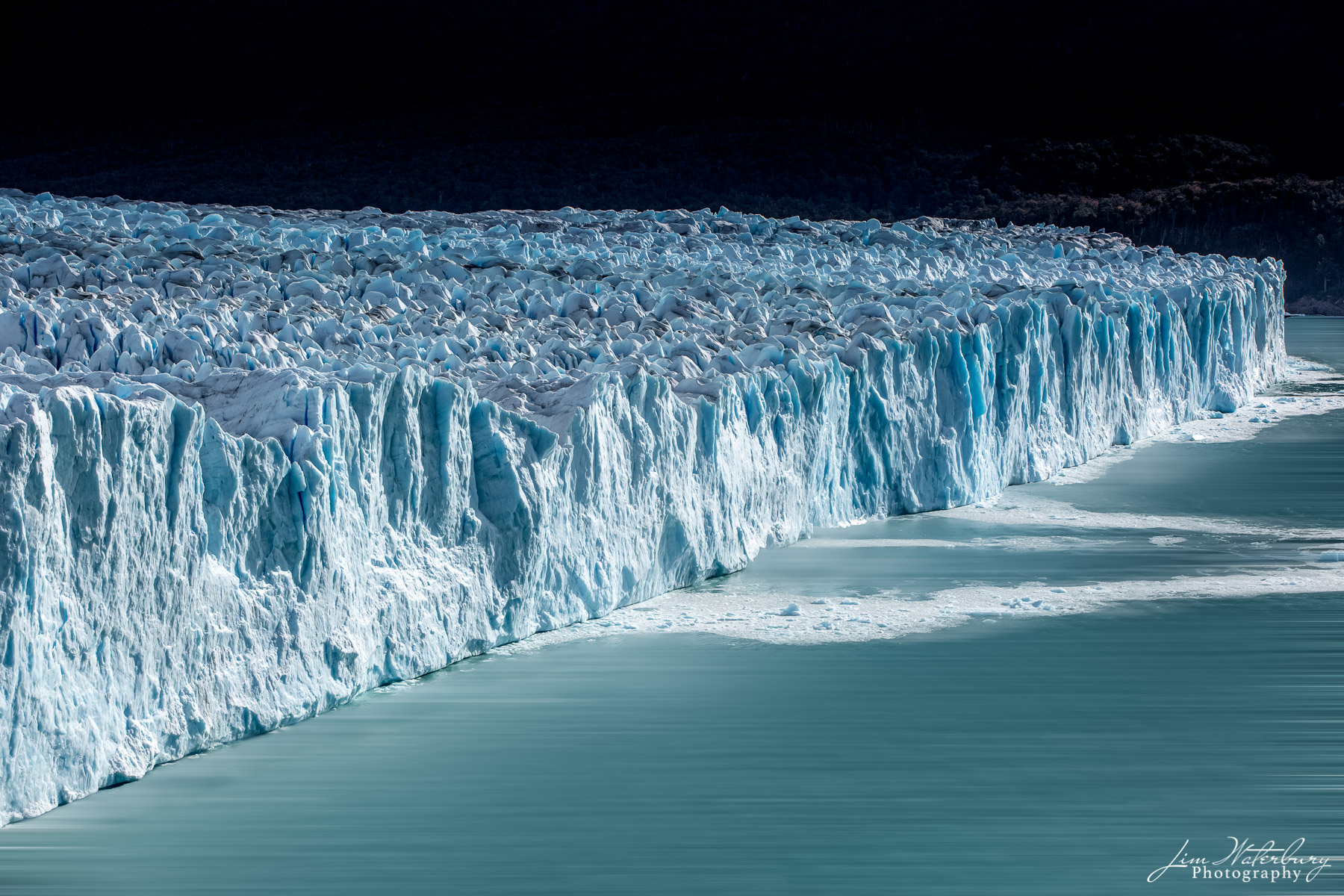 The front wall of the Perito Moreno Glacier in Los Glaciares National Park in Argentina, showing evidence of recent calving activity...
